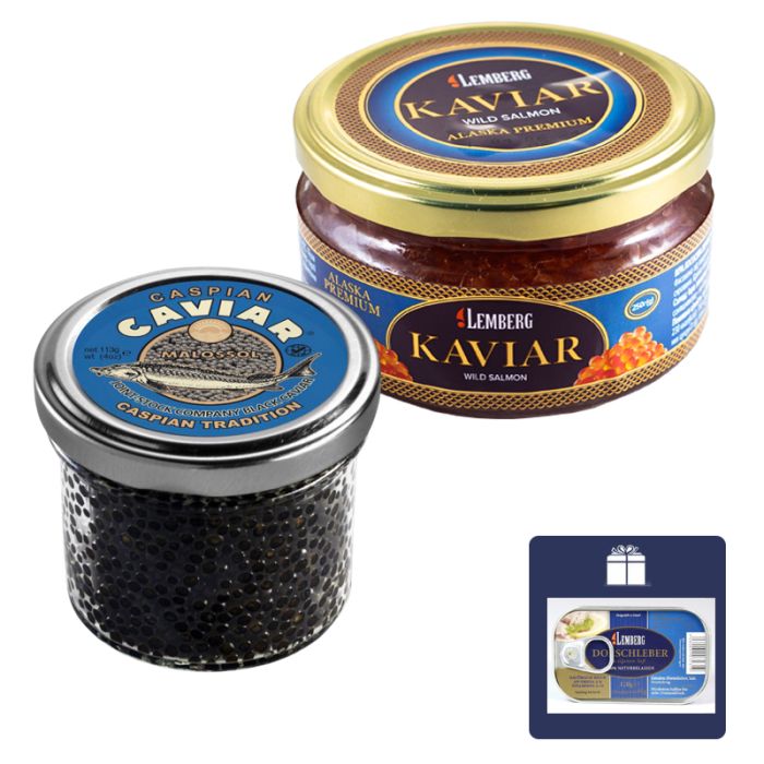 Набор икры «Вкус Востока» (Горбуша 250 г, Осетр 113 г) + Печень трески 120 г в подарок