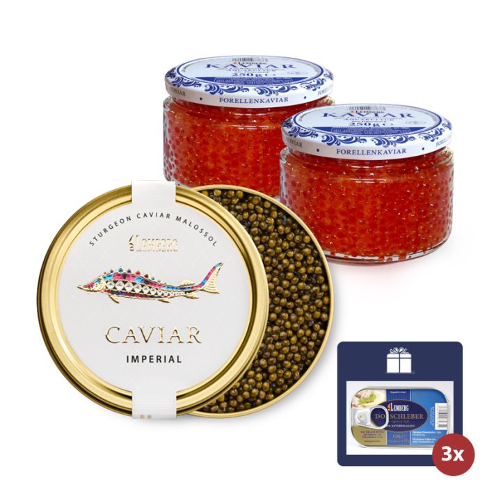 Набор икры 2 в 1 (Форель и Калуга) Lemberg + 3x120 г Печени трески