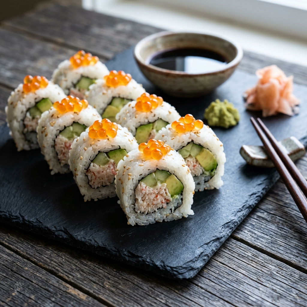 Роллы с икрой лосося и крабовым мясом